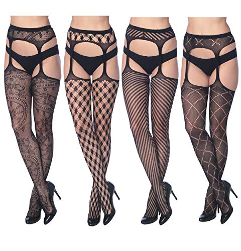 4 Pack Sexy Fishnet Stocking Tights Hosiery For Women By Frenchic Extended Sizes (M/L, 4-B Suspenders)