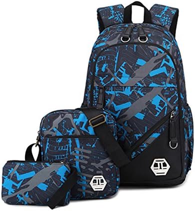 Mioy teenager school bag Canvas printing Backpack durable student bag Large Capacity 15 inch laptop daypack 3 pieces set (Blue)