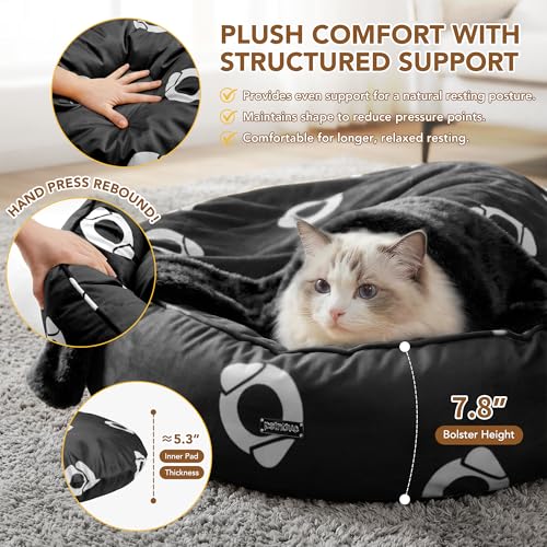 PETNOVO Cama para Perros y Gatos de Interior con Manta Integrada, Cama Desenfundable y Lavable con Base Antideslizante, Cama Suave y Envolvente para Perros y Gatos Pequeños y Medianos, 70 cm, Negro