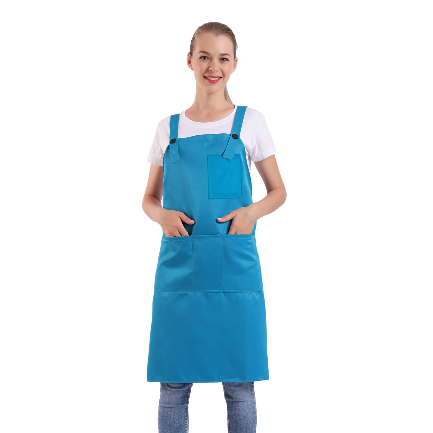 BIGHAS H Back Style Apron with Pocket for Women, Men Adjustable Large Size Comfortable, Kitchen, Home, Cooking 12 Colors (Scuba Blue)