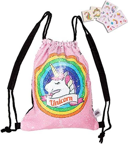 Girls Unicorn Water Resistant Reversible Sequin Drawstring Backpack + Bonus Stickers Set - Dance - Travel - Beach - Gymnastics - Swim - Overnight - School - Gym Bag - Dance Bag