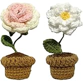 Quarter Rainbow Mini Potted Artificial Plants Crochet Handmade Kintting Flowers for Office Desk Decor and Shelf Decor- for Gift, Birthday, Ideas for Valentine's Day (Roses and Gardenias)