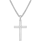 Fiusem Beveled Edge Cross Necklace for Men, Silver Tone/Black/14K Gold Plated Mens Cross Necklace, 2.5MM Stainless Steel Box Chain with Pendant
