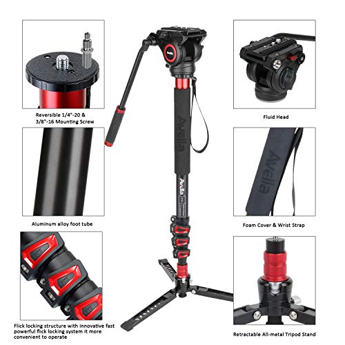 Avella AD324 Aluminum Video Monopod Kit, with Fluid Head and Removable feet, 71 Inch Max Load 13.2 LB for DSLR and Video Cameras