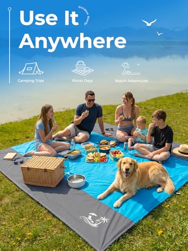 Solnery Large Beach Blanket Waterproof Sandproof, Beach Mats Sand Free, Windproof Outdoor Mat, Portable, 4 Stakes, 250 x 200 cm, Fits 1–8 People, for Seaside, Picnic & Camping (Ocean Blue)