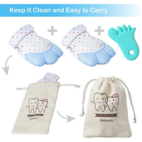 Prohapi Silicone Baby Teething Mitten, Self Soothing Teether & Teething Pain Relief Toy Glove Plus Hygienic Travel Storage Pouch - Natural Remedy for Infants & Toddlers 3-6 Months (Blue 2-Pack)