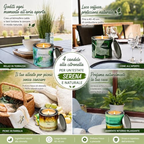 Candele Alla Citronella in Barattoli Set di Candele di Cera per Barbecue all'aperto Viaggi in Campeggio Viaggi Vacanze Patio Interno Giardino Cucina,4 Pezzi