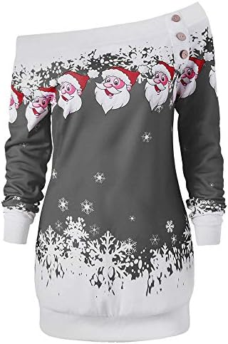 Moonuy Festive Christmas Stylish Design Sweatshirt Party Dress for Christmas Party Decoration Fashion Women Christmas Santa Snowflake Printed Tops Off Shoulder Asymmetric Sweatshirt