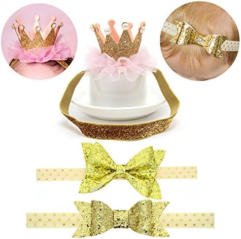 Baby Girl Birthday Sparkly Bow Crown Headband Princess Glitter Hair Accessories Set of 3 (Gold)