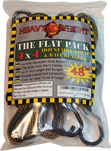 Heavyweight Flat Bungee Cords 4 Pack with Bonus 4 Ball Bungees | 48" INCH Total Length with Adjustable Length Hooks | Hand Carts, Dolly, Cargo, Moving, Camping, RV, Trunk, Luggage Rack, Tarp Tie Down
