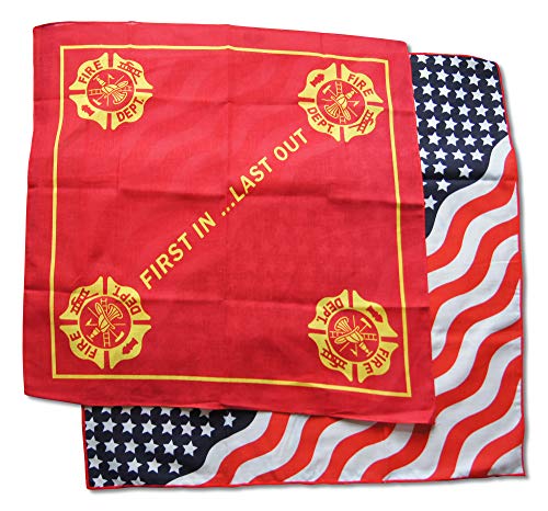 Fire Department & American Flag Stars & Stripes Two-Piece Patriotic Bandana Headband Set includes Classic Red, White, Blue US Flag & First in Last Out Designs (2 Pieces)