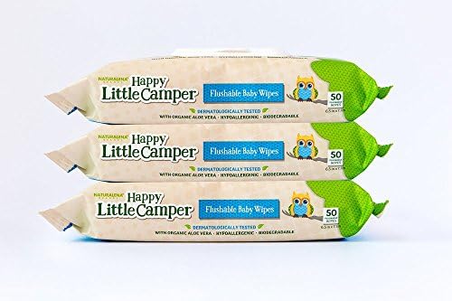 Happy Little Camper Flushable Baby Wipes with Organic Aloe, Septic Safe, 3 Packs of 50