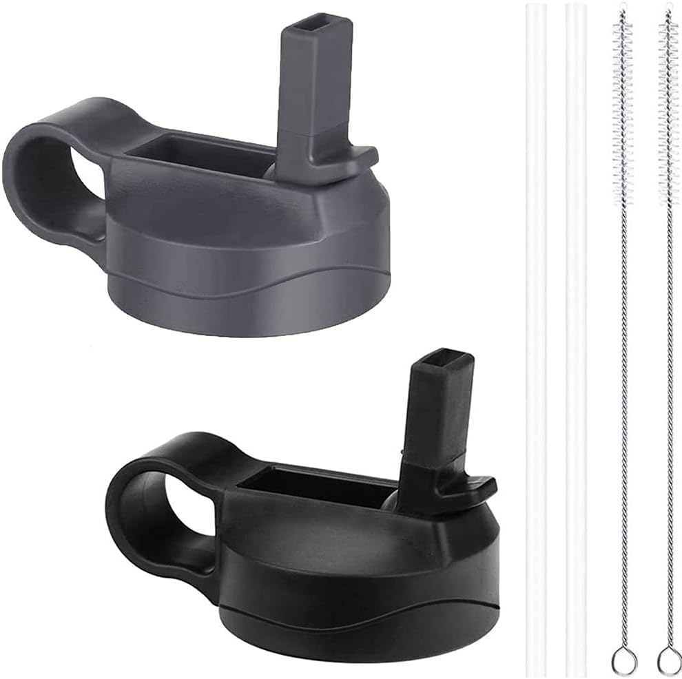 Top Souls Wide Mouth Straw Lids Compatible with Most Sports Water Bottles, 2 Lids 2 Long Straws 2 Brushes in 1 Value Pack (Stone & Black) : Sports & Outdoors