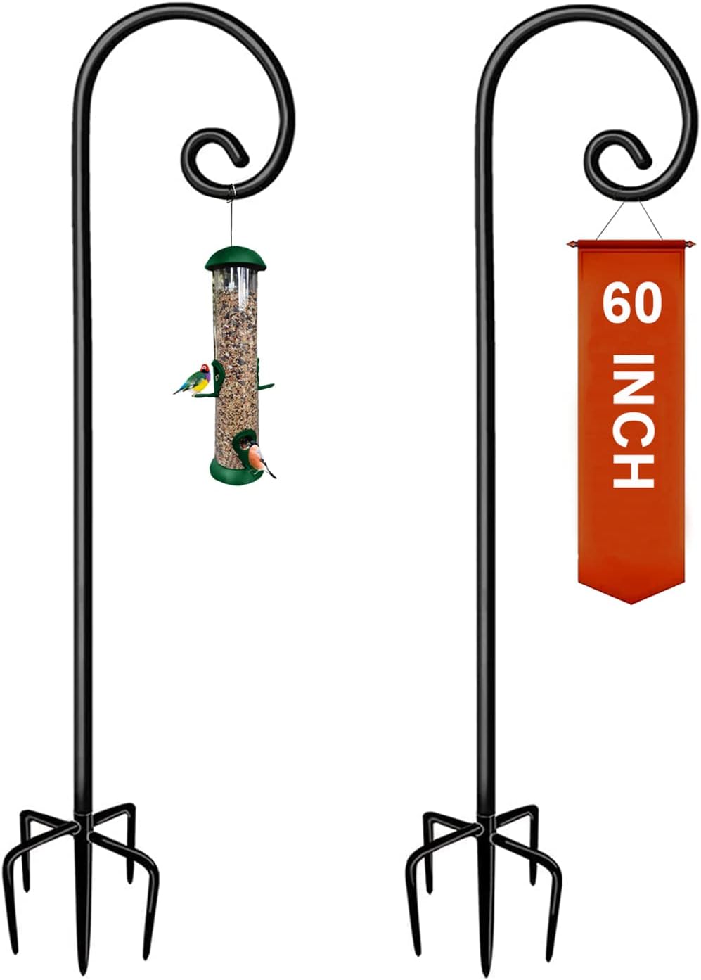 Outdoor Shepherd's Hooks - Koutemie 60 Inch Outdoor Shepherd Hook for Hanging Plant, Adjustable Heavy Duty Bird Feeder Pole with 5 Prong Base for Solar Lanterns, Black & 2 Packs