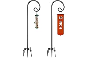Koutemie 60 Inch Outdoor Shepherd Hook for Hanging Plant, Adjustable Heavy Duty Bird Feeder Pole with 5 Prong Base for Solar Lanterns, Black & 2 Packs