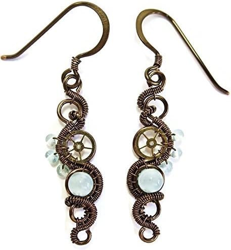 Aquamarine & Bronze Woven Steampunk Earrings - Steampunk Jewelry