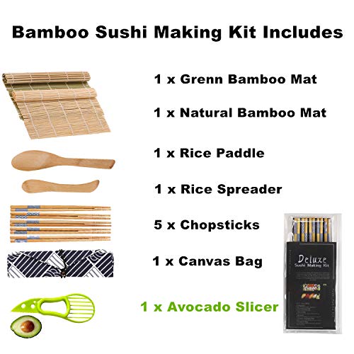Sushi Making Kit - Natural Sushi DIY Rolling Kit Includes 2 Bamboo Rolling Mats, 1Rice Paddles, 1 Rice Spreader, 5 Pairs Chopsticks, 1 Avocade slicer, 1 Chopsticks Bag with Exquisite Packaging