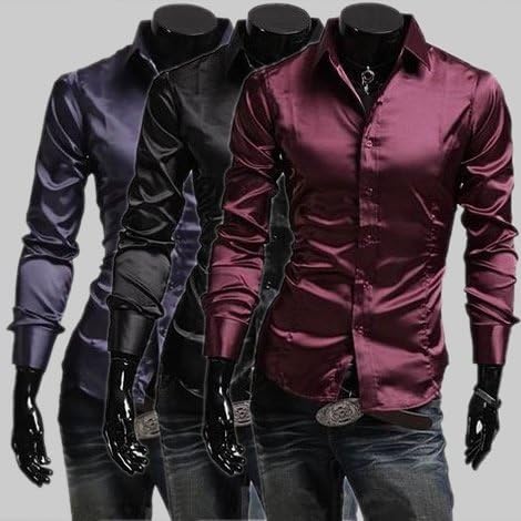 Huitao Turn-Down Collar Silk Plain Men's Casual Long-sleeves Slim Shirt Purple L