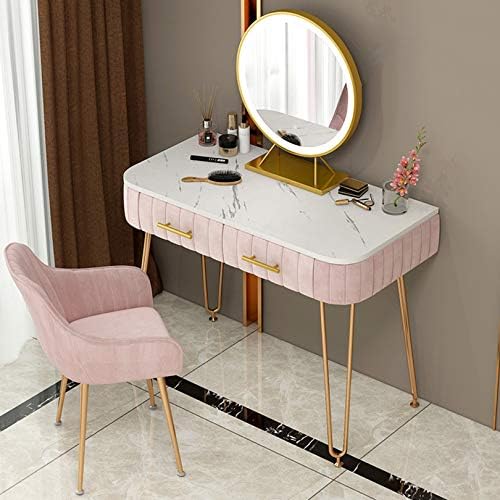 北欧の寝室の虚栄心のテーブルセット フリップトップタッチスクリーン調光ミラー 化粧化粧台ライティングデスク 3つの引き出しとクッション付きスツール 女の子の女性の寝室の家具用 Modernzeg Hu