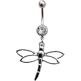 Cute Dragonfly Dangling Pendant Belly Button Ring, Insect Charm Stainless Steel 14 Gauge Navel Barbell Ring, Summer Fashion Piercing Body Jewelry