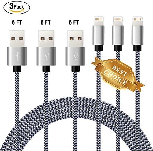 YOUNGFORCE Phone Cable 6FT/1.8m (3 pack) Nylon Braided USB Cable, Fast Sync Charger Cord for iPhone 7, 7Plus, 6s, 6, 6Plus, 6sPlus, iPhone 5s 5 5c, iPad, iPod (GREY)