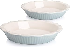 AVLA 2 Pack Ceramic Pie Dish, 9 Inches Pie Pan Pie Plate Round Baking Dish Pan with Ruffled Edge for Kitchen Cooking Dessert Dinner, Sky Blue
