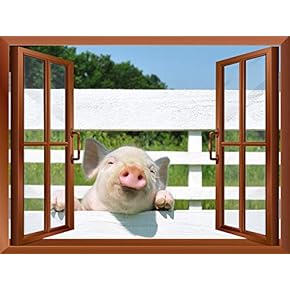 A Little Pig Outside of an Open Window | Removable Wall Sticker/Wall Mural - 24"x32"