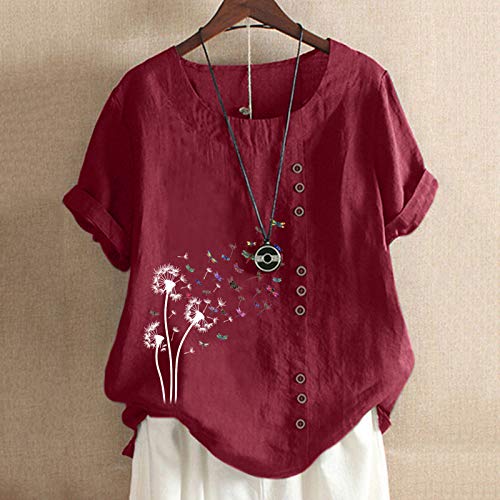 2021 Paardebloem-print ronde hals knop mode losse korte mouwen top blouse T-shirt - Image 4