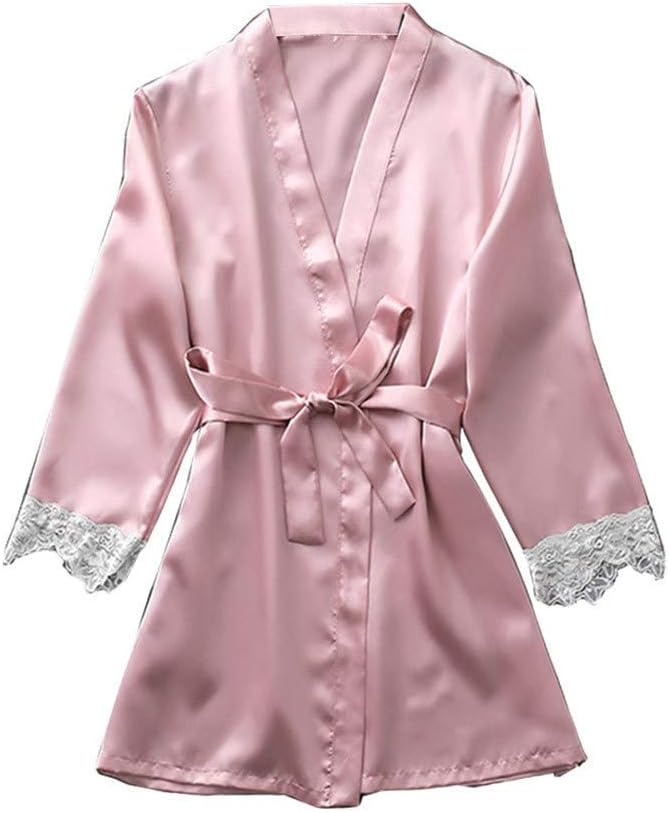 Womens Dressing Gown-Silk Satin Ladies Bathrobe, Kimono Bridesmaid Lace Short Robe for Wedding Party with Belt