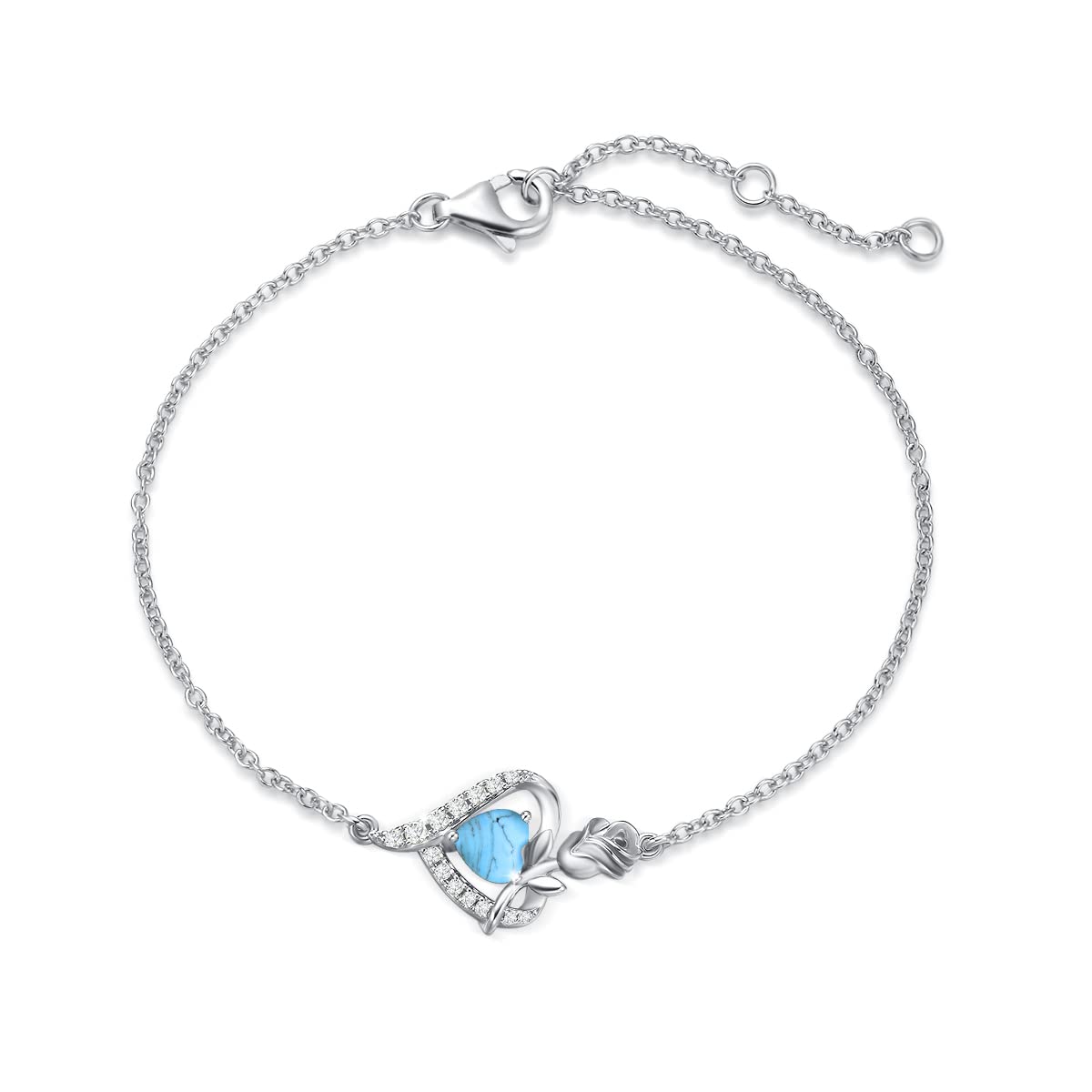 FANCIME Rose Heart Bracelets for Women 925 Sterling Silver December Birthstone Turquoise Bracelet Fine Jewellery Gifts Christmas Birthday Valentine's Mother's Day Present for Her Wife Ladies Mum