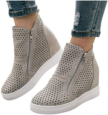 Cenglings Women Round Toe Hollow Out Increase Height Zipper Ankle Boots Flat Wedges Shoes High Heel Office Work Shoes