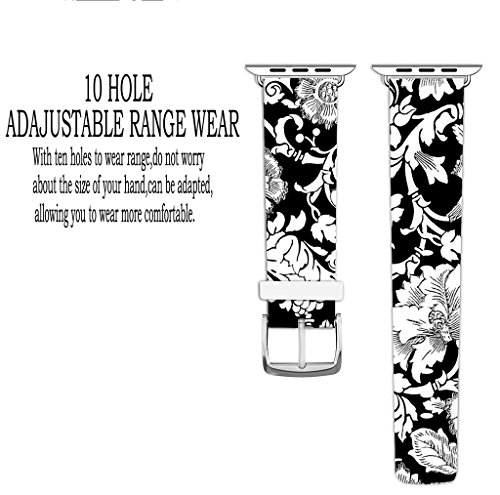 For Apple Watch Band 38mm,Ecute Replacement Band Leather Iwatch Strap With Silver Metal Clasp for Iwatch 38mm Series 3/Series 2/Series 1/Edition/Sport - White Flowers Pattern - Thumbnail 3