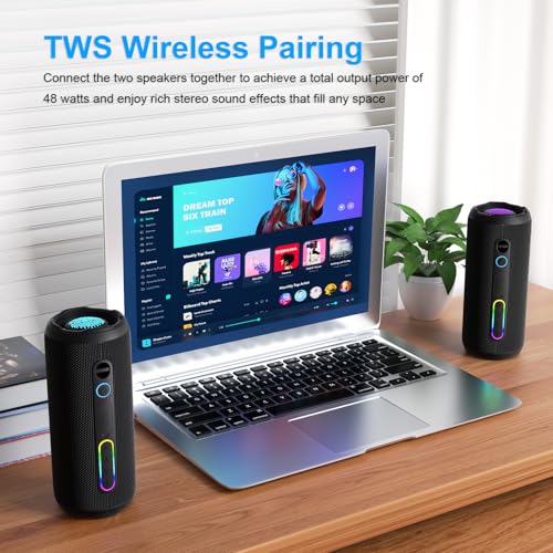 YOLOEMOT T13 Portable Bluetooth Speaker, 24W Stereo Sound Deep Bass, IPX7 Waterproof, 12H Playtime, Bluetooth 5.3, TWS Pairing, RGB Light for Shower Camping Beach Outdoor (Black)