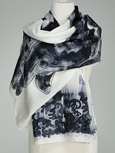 Hand Painted Silk Scarf, Silk Shawl using French dyes. Black fish on white backgroud. Black Moor.