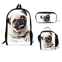 Bigcardesigns White Fashion Pug Bags School Backpack Lunch Bag Pen Case 3 Sets for Boys Girls