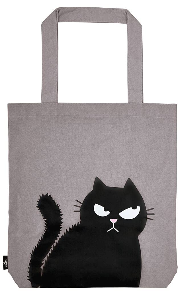 moses Ed, the Cat Cotton Shopper Fabric Bag 100% Cotton with Cat Motif, Shopper with Stand for Shopping, Office or University, 39 x 42 cm, gray, L, Happy Face