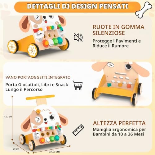 Carrello Primi Passi Legno Cane Montessori 6-in-1, Girello 1 Anno