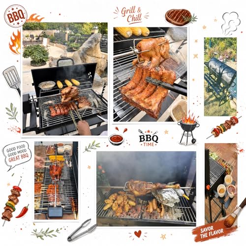 Asador de Carbon Portatil Tenedor automático para barbacoa,Asadores Parrilla de Carne Carbon con Mesa Frontal Lateral para Especia Alimento Accesorios para Asador,Empotrable Parrilla para Asar 2 Capas
