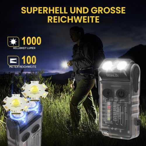 V20 Mini Taschenlampen, 180° Drehbar Taschenlampe mit 365nm UV Licht, 110dB Buzzer Alarm, 1000 Lumen Super Hell mit 13 Modi, IP67 Wasserdicht, für Camping Wandern Notfa (schwarz)