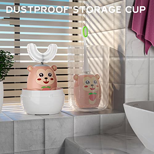 ELOTAME Kids U Shaped Electric Toothbrush with 4 Brush Head,Cartoon Monkey Auto Sonic Toothbrush for Children Age 8-15, 360° Full Mouth Cleaning Animal Toddler Automatic Toothbrushes with Travel Cup