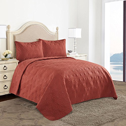 HollyHOME Snowflake Quilt Set Collection, Solid Lightweight Hypoallergenic Microfiber, 3 Pieces King Size Quilt, Orange