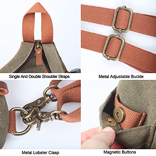POEYLEJA Canvas Sling Bag Men & Women, Convertible Shoulder Chest Daypack, Crossbody Backpack Outdoor Hiking Travel Cycling Military Green