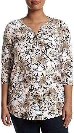 Relativity Plus Size Shirttail Hem Henley Top Pink Garden 3X