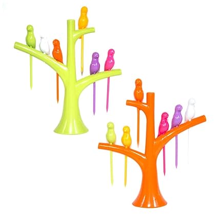 KNK Fruit Forks of Bird Shape Set of 6 with Stand (Multi Color)