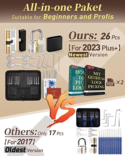 FAHEFANA 26 Piece Pick Set, [2023 New Challenge & Gift for Beginners] Locksmith Tools with 2 Transparent Locks for Practices, Beginners and Locksmiths Guide
