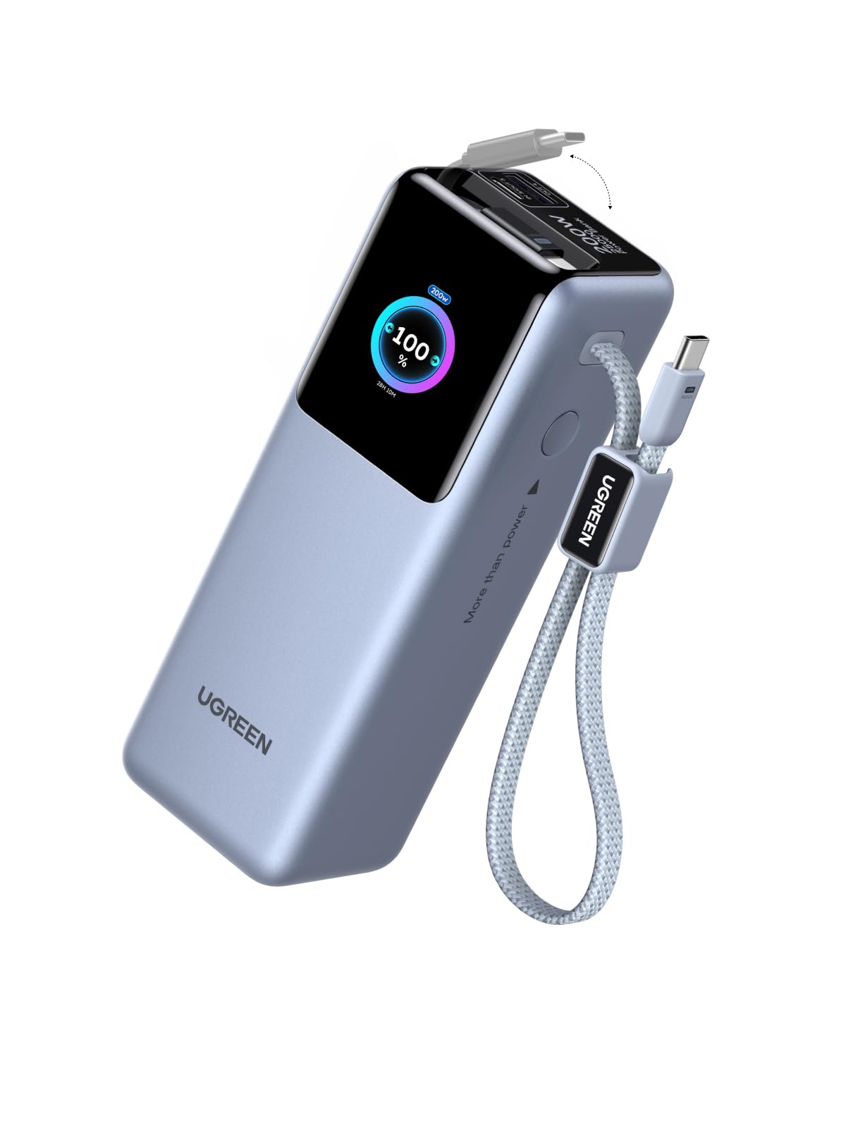 UGREEN Nexode Pro Power Bank, 25000mAh 200W Max Schnellladen mit 68cm einziehbares Kabel & USB-C Kabel, Kompatibel mit MacBook Pro, Dell XPS, Lenovo, HP Laptops, iPad Pro, Galaxy S25 Ultra, iPhone 17