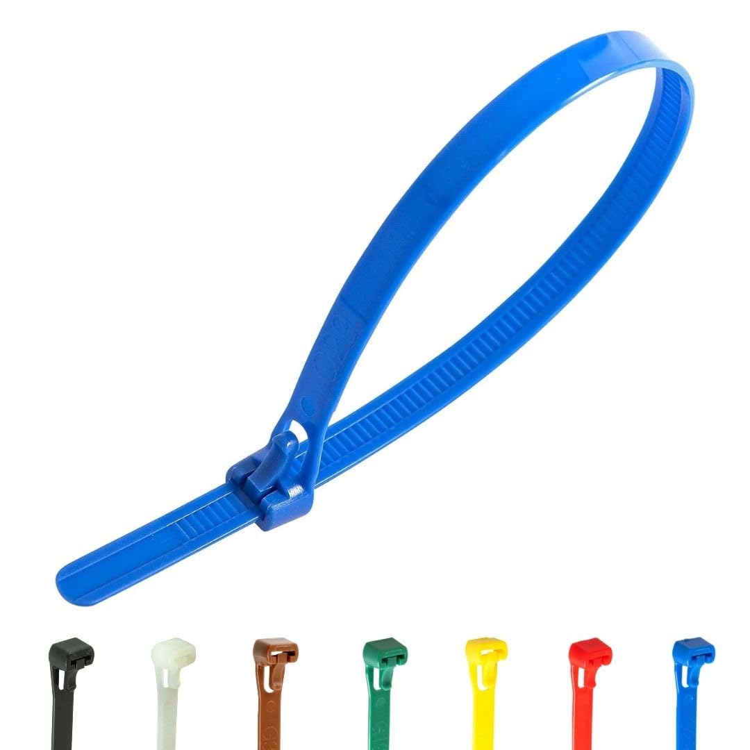 Gocableties 100 Pack of 250mm x 7.6mm Reusable Cable Ties, Heavy Duty Blue Releasable Cable Ties, 10" Premium Tie Wraps, Strong Nylon Zip Ties
