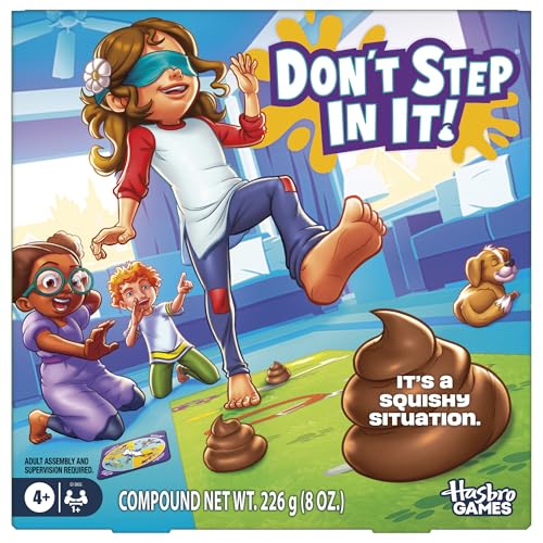 Hasbro Gaming Don't Step in It! Preschool Game I Blindfolded, Poop Party Game | Spinner with 8 Fun Animal Moves | Ages 4+| 1+ Players I Funny Kids Board Games