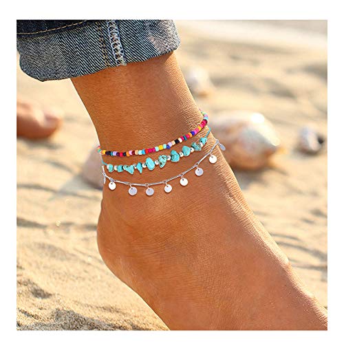 YAHPERN Anklets for Women Girls Color Beads Turquoise Drop Sequin Charm Adjustable Ankle Bracelets Set Boho Multilayer Beach Foot Jewelry (Silver)