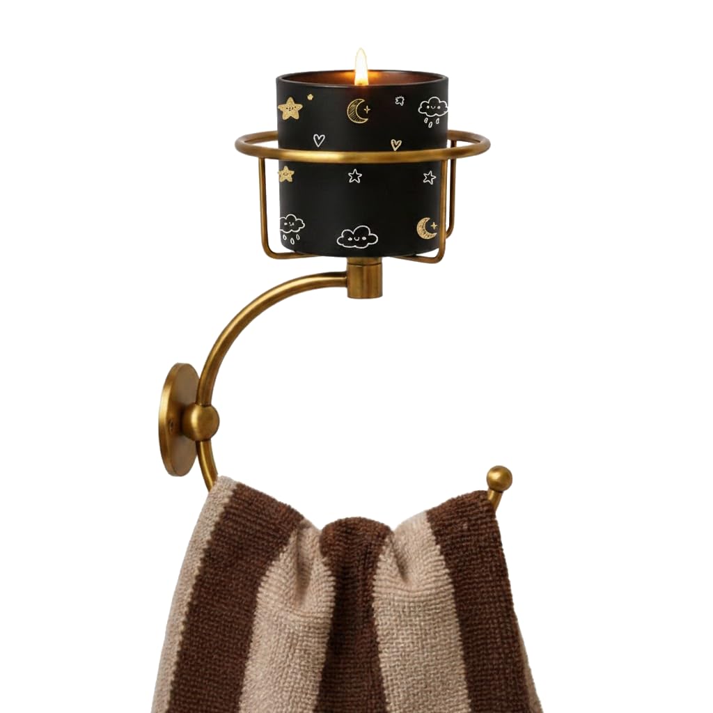 View 1 of 100% Solid Brass Hand Towel Holder for Bathroom Wall – Towel Ring with Candle Holder – Vintage Wall Candle Sconce Bathroom Decor – Antique Brass Towel Holder